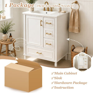 English Elm 24 Inch Olive Bathroom Vanity Ceramic Sink Gold Hardware 3 Drawers Soft Close White N729P461477K