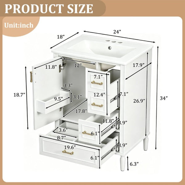 English Elm 24 Inch Olive Bathroom Vanity Ceramic Sink Gold Hardware 3 Drawers Soft Close White N729P461477K