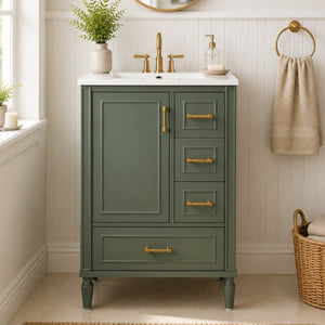 English Elm 24 Inch Olive Bathroom Vanity Ceramic Sink Gold Hardware 3 Drawers Soft Close Olive Green N729P461477O
