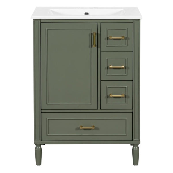 English Elm 24 Inch Olive Bathroom Vanity Ceramic Sink Gold Hardware 3 Drawers Soft Close Olive Green N729P461477O