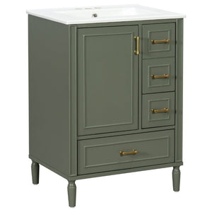 English Elm 24 Inch Olive Bathroom Vanity Ceramic Sink Gold Hardware 3 Drawers Soft Close Olive Green N729P461477O