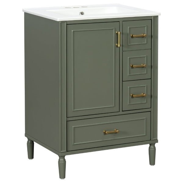 English Elm 24 Inch Olive Bathroom Vanity Ceramic Sink Gold Hardware 3 Drawers Soft Close Olive Green N729P461477O