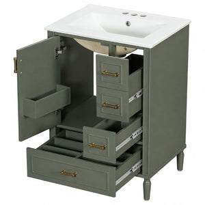 English Elm 24 Inch Olive Bathroom Vanity Ceramic Sink Gold Hardware 3 Drawers Soft Close Olive Green N729P461477O
