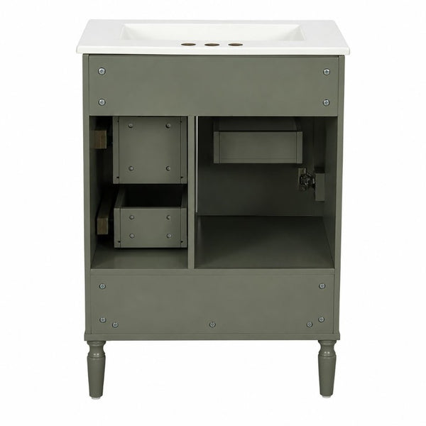 English Elm 24 Inch Olive Bathroom Vanity Ceramic Sink Gold Hardware 3 Drawers Soft Close Olive Green N729P461477O