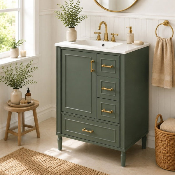 English Elm 24 Inch Olive Bathroom Vanity Ceramic Sink Gold Hardware 3 Drawers Soft Close Olive Green N729P461477O