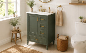 English Elm 24 Inch Olive Bathroom Vanity Ceramic Sink Gold Hardware 3 Drawers Soft Close Olive Green N729P461477O