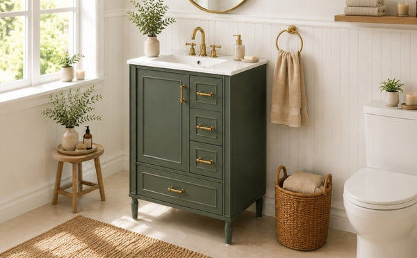 English Elm 24 Inch Olive Bathroom Vanity Ceramic Sink Gold Hardware 3 Drawers Soft Close Olive Green N729P461477O