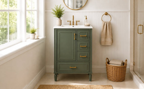 English Elm 24 Inch Olive Bathroom Vanity Ceramic Sink Gold Hardware 3 Drawers Soft Close Olive Green N729P461477O
