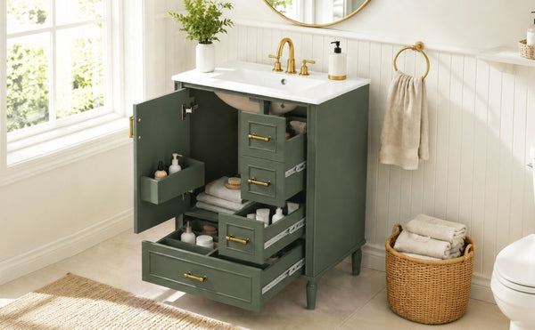 English Elm 24 Inch Olive Bathroom Vanity Ceramic Sink Gold Hardware 3 Drawers Soft Close Olive Green N729P461477O