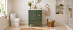 English Elm 24 Inch Olive Bathroom Vanity Ceramic Sink Gold Hardware 3 Drawers Soft Close Olive Green N729P461477O