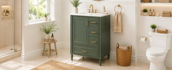 English Elm 24 Inch Olive Bathroom Vanity Ceramic Sink Gold Hardware 3 Drawers Soft Close Olive Green N729P461477O
