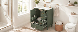 English Elm 24 Inch Olive Bathroom Vanity Ceramic Sink Gold Hardware 3 Drawers Soft Close Olive Green N729P461477O