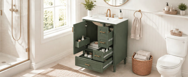 English Elm 24 Inch Olive Bathroom Vanity Ceramic Sink Gold Hardware 3 Drawers Soft Close Olive Green N729P461477O