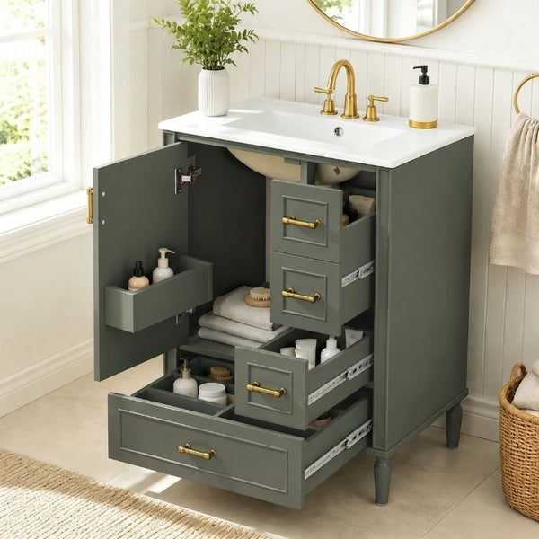 English Elm 24 Inch Olive Bathroom Vanity Ceramic Sink Gold Hardware 3 Drawers Soft Close Olive Green N729P461477O