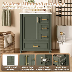 English Elm 24 Inch Olive Bathroom Vanity Ceramic Sink Gold Hardware 3 Drawers Soft Close Olive Green N729P461477O