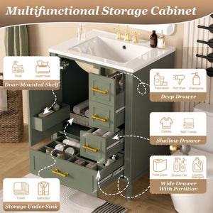 English Elm 24 Inch Olive Bathroom Vanity Ceramic Sink Gold Hardware 3 Drawers Soft Close Olive Green N729P461477O