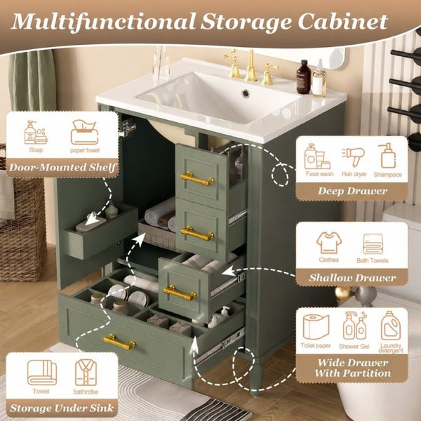 English Elm 24 Inch Olive Bathroom Vanity Ceramic Sink Gold Hardware 3 Drawers Soft Close Olive Green N729P461477O