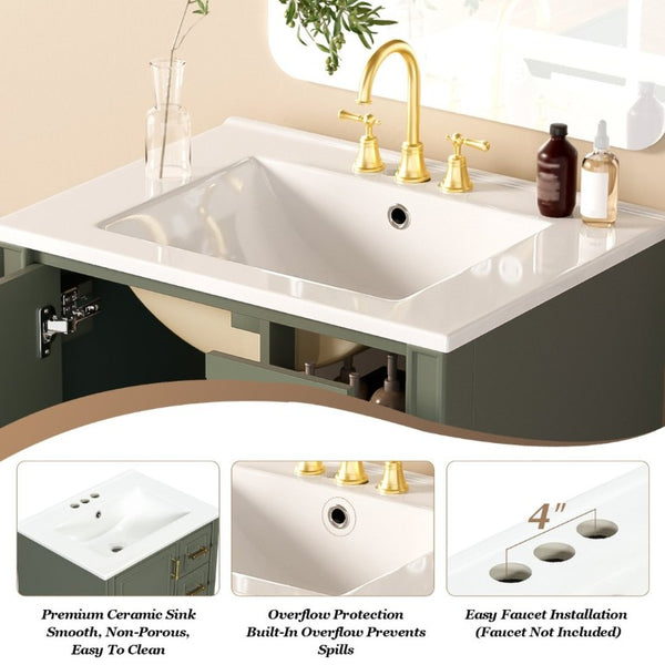 English Elm 24 Inch Olive Bathroom Vanity Ceramic Sink Gold Hardware 3 Drawers Soft Close Olive Green N729P461477O