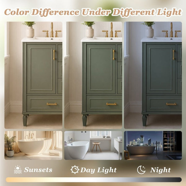 English Elm 24 Inch Olive Bathroom Vanity Ceramic Sink Gold Hardware 3 Drawers Soft Close Olive Green N729P461477O