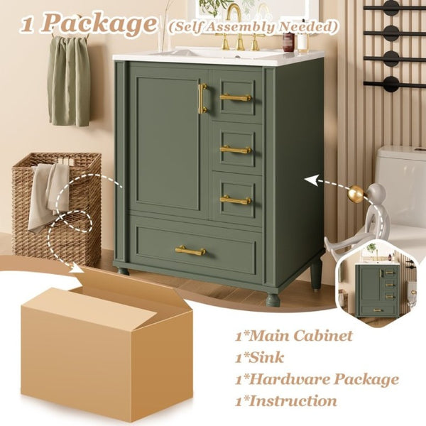 English Elm 24 Inch Olive Bathroom Vanity Ceramic Sink Gold Hardware 3 Drawers Soft Close Olive Green N729P461477O