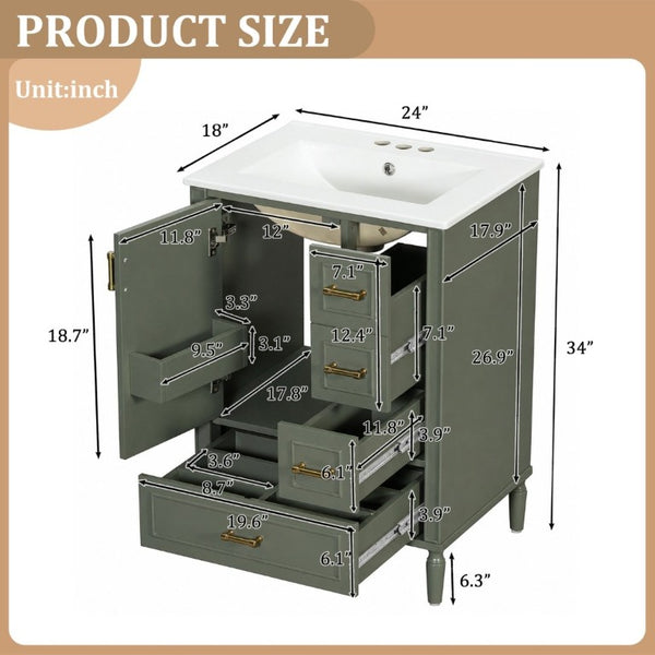English Elm 24 Inch Olive Bathroom Vanity Ceramic Sink Gold Hardware 3 Drawers Soft Close Olive Green N729P461477O
