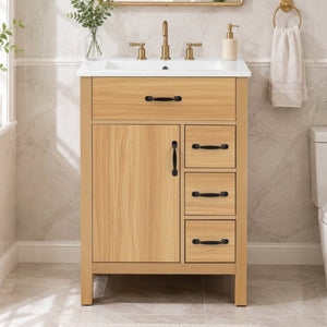 English Elm 24 Inch Freestanding Bathroom Vanity with Ceramic Sink Soft Close Storage Cabinet N729P488577N