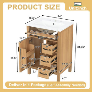 English Elm 24 Inch Freestanding Bathroom Vanity with Ceramic Sink Soft Close Storage Cabinet N729P488577N