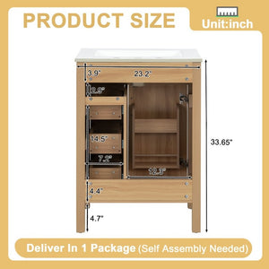 English Elm 24 Inch Freestanding Bathroom Vanity with Ceramic Sink Soft Close Storage Cabinet N729P488577N
