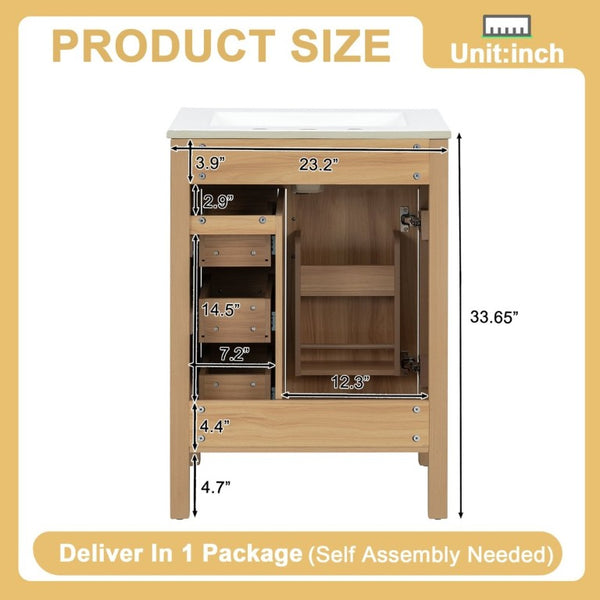 English Elm 24 Inch Freestanding Bathroom Vanity with Ceramic Sink Soft Close Storage Cabinet N729P488577N