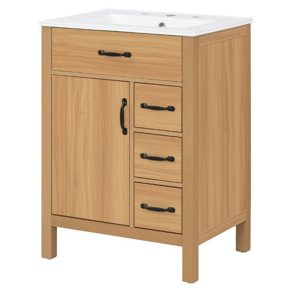 English Elm 24 Inch Freestanding Bathroom Vanity with Ceramic Sink Soft Close Storage Cabinet N729P488577N