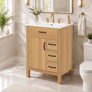 English Elm 24 Inch Freestanding Bathroom Vanity with Ceramic Sink Soft Close Storage Cabinet N729P488577N