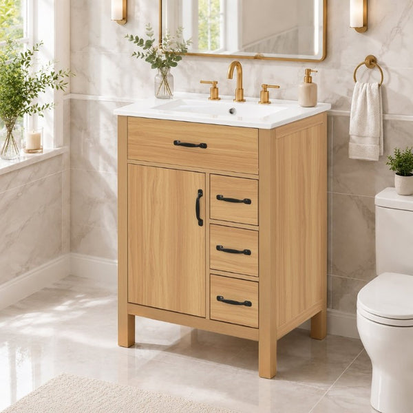 English Elm 24 Inch Freestanding Bathroom Vanity with Ceramic Sink Soft Close Storage Cabinet N729P488577N