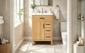 English Elm 24 Inch Freestanding Bathroom Vanity with Ceramic Sink Soft Close Storage Cabinet N729P488577N