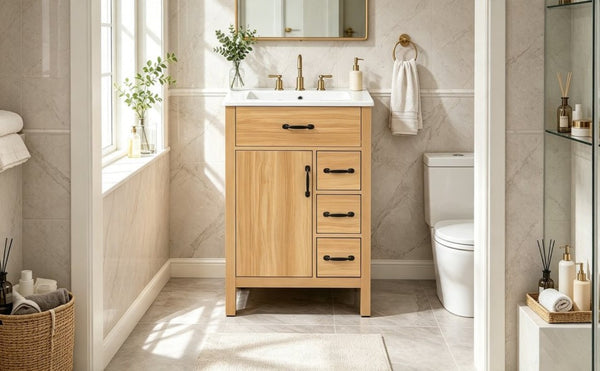 English Elm 24 Inch Freestanding Bathroom Vanity with Ceramic Sink Soft Close Storage Cabinet N729P488577N