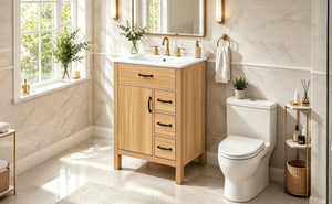 English Elm 24 Inch Freestanding Bathroom Vanity with Ceramic Sink Soft Close Storage Cabinet N729P488577N