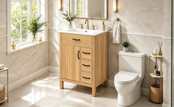 English Elm 24 Inch Freestanding Bathroom Vanity with Ceramic Sink Soft Close Storage Cabinet N729P488577N