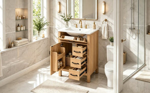 English Elm 24 Inch Freestanding Bathroom Vanity with Ceramic Sink Soft Close Storage Cabinet N729P488577N