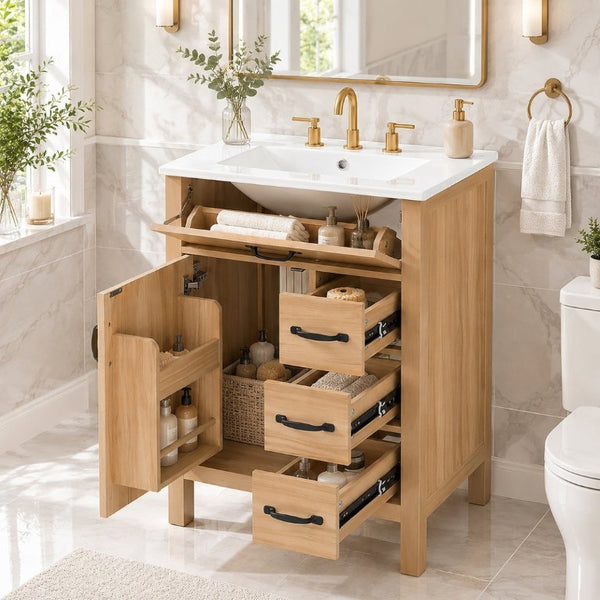 English Elm 24 Inch Freestanding Bathroom Vanity with Ceramic Sink Soft Close Storage Cabinet N729P488577N