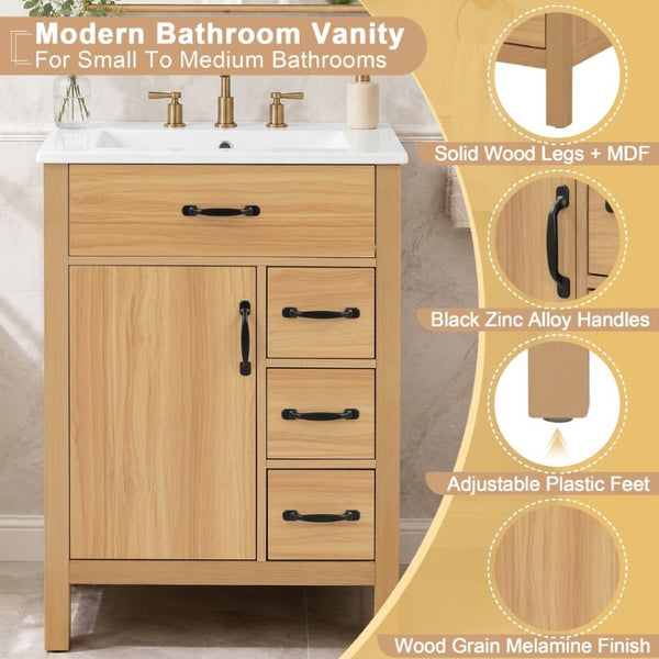 English Elm 24 Inch Freestanding Bathroom Vanity with Ceramic Sink Soft Close Storage Cabinet N729P488577N