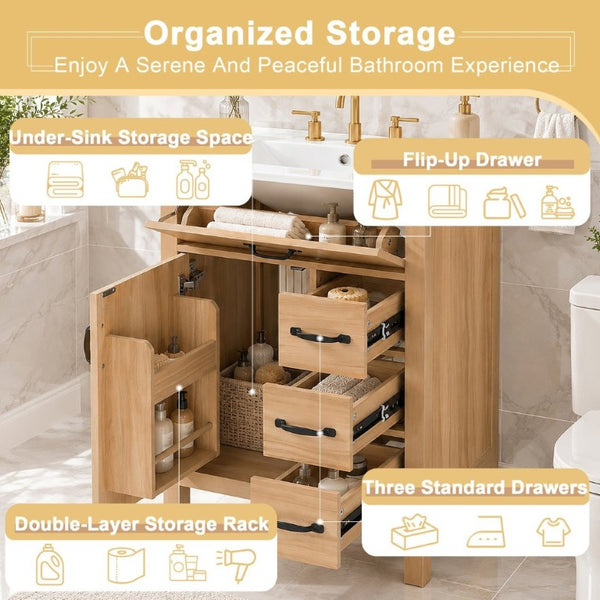 English Elm 24 Inch Freestanding Bathroom Vanity with Ceramic Sink Soft Close Storage Cabinet N729P488577N