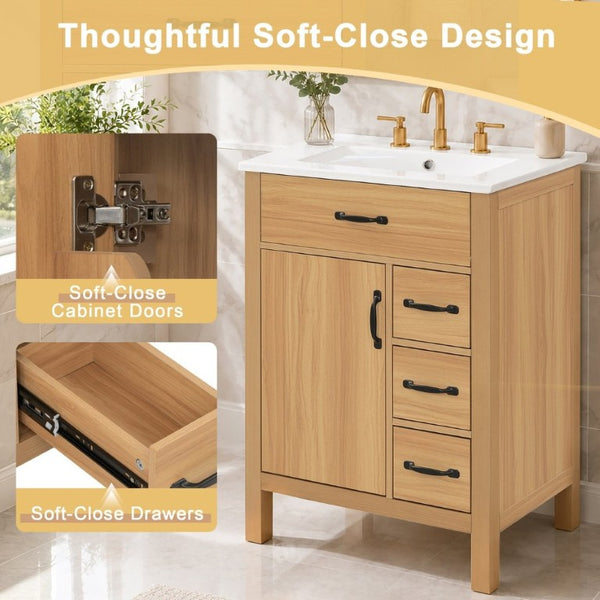 English Elm 24 Inch Freestanding Bathroom Vanity with Ceramic Sink Soft Close Storage Cabinet N729P488577N