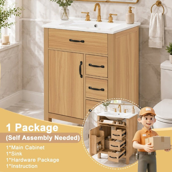 English Elm 24 Inch Freestanding Bathroom Vanity with Ceramic Sink Soft Close Storage Cabinet N729P488577N