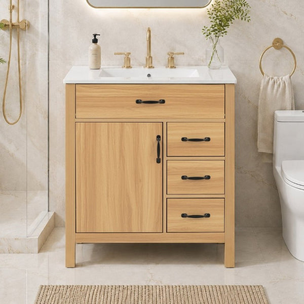 English Elm 30 Inch Modern Bathroom Vanity with Ceramic Sink Soft Close Drawers Matte Hardware N729P488578N