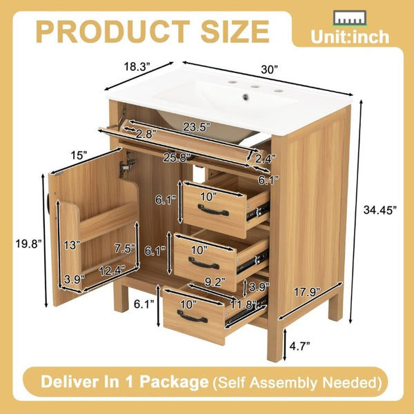 English Elm 30 Inch Modern Bathroom Vanity with Ceramic Sink Soft Close Drawers Matte Hardware N729P488578N