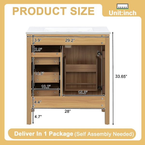 English Elm 30 Inch Modern Bathroom Vanity with Ceramic Sink Soft Close Drawers Matte Hardware N729P488578N