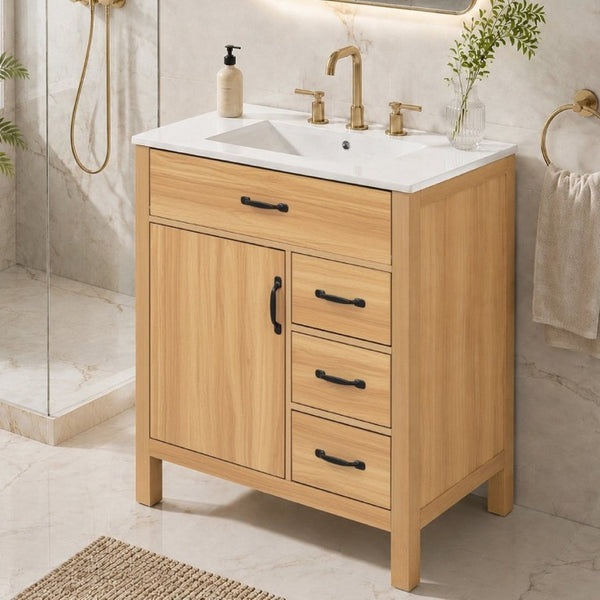 English Elm 30 Inch Modern Bathroom Vanity with Ceramic Sink Soft Close Drawers Matte Hardware N729P488578N