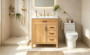 English Elm 30 Inch Modern Bathroom Vanity with Ceramic Sink Soft Close Drawers Matte Hardware N729P488578N