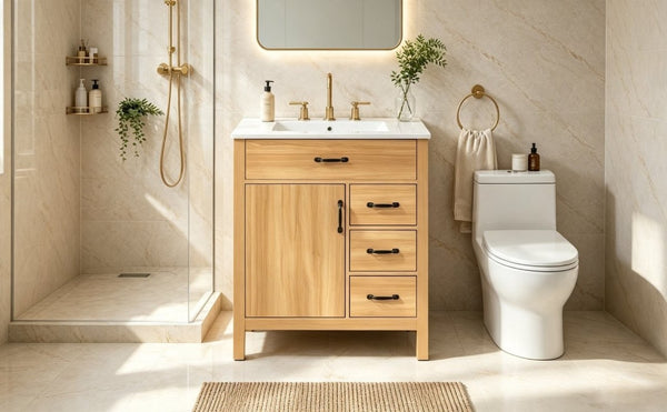 English Elm 30 Inch Modern Bathroom Vanity with Ceramic Sink Soft Close Drawers Matte Hardware N729P488578N