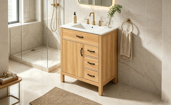 English Elm 30 Inch Modern Bathroom Vanity with Ceramic Sink Soft Close Drawers Matte Hardware N729P488578N