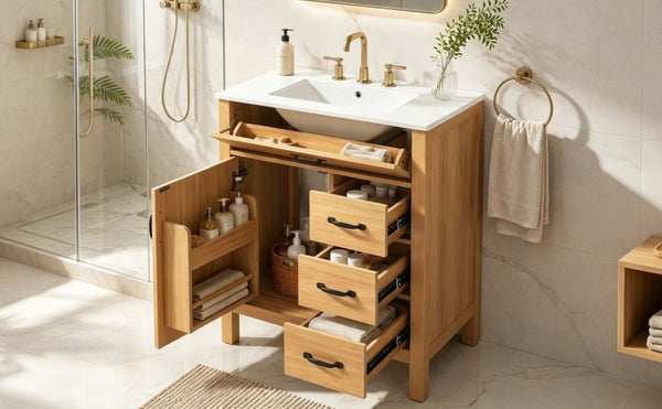 English Elm 30 Inch Modern Bathroom Vanity with Ceramic Sink Soft Close Drawers Matte Hardware N729P488578N